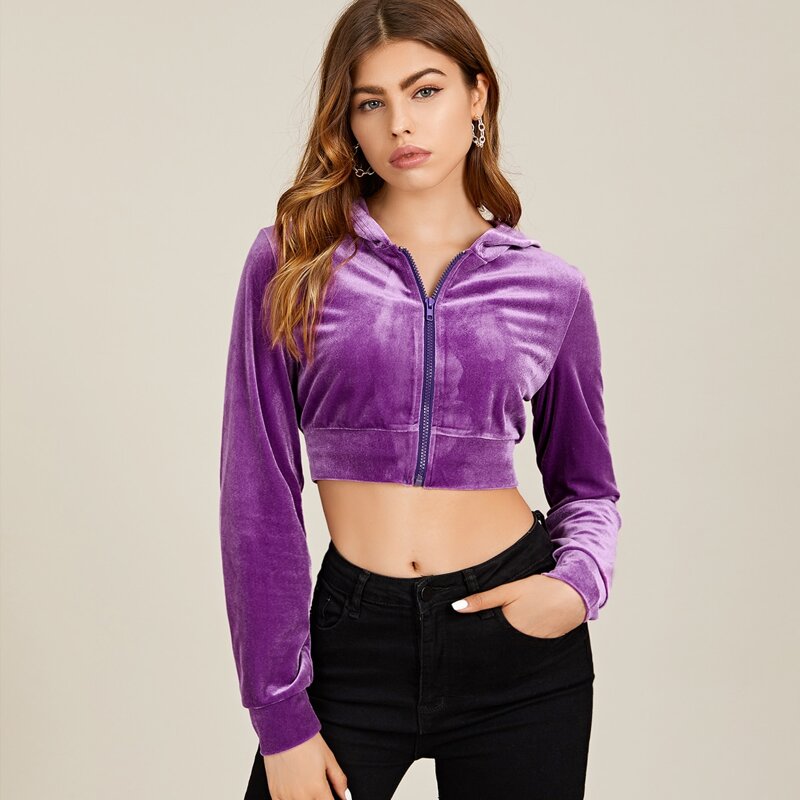 

Velvet Zip Up Hooded Crop Jacket, Purple