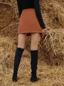 SHEIN LUNE Corduroy Zipper Front Mini Skirt - Rust Brown - View 2