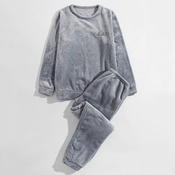 

Men Letter Embroidery Flannel PJ Set, Grey