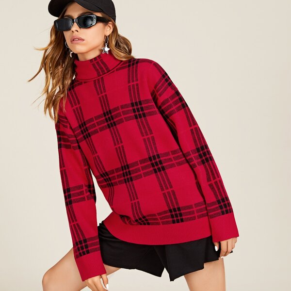 

Turtle Neck Plaid Sweater, Red