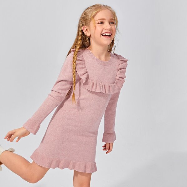 

Girls Ruffle Trim Sweater Dress, Dusty pink