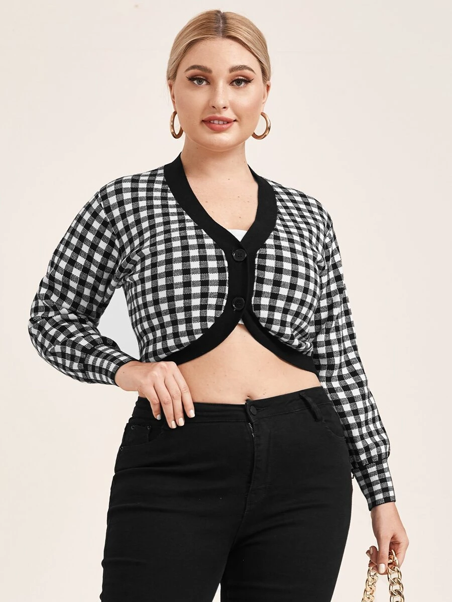 SHEIN Unity áo hở cổ kích thước lớn Nút phía trước Kẻ sọc Giải trí - Đen và trắng - Xem 1