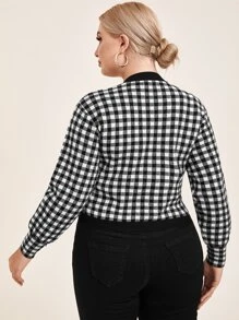 SHEIN Unity áo hở cổ kích thước lớn Nút phía trước Kẻ sọc Giải trí - Đen và trắng - Xem 2