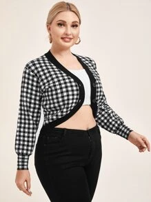 SHEIN Unity áo hở cổ kích thước lớn Nút phía trước Kẻ sọc Giải trí - Đen và trắng - Xem 3