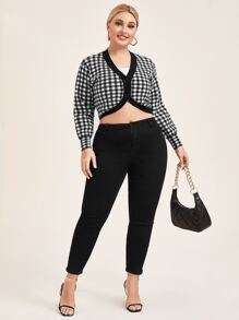 SHEIN Unity áo hở cổ kích thước lớn Nút phía trước Kẻ sọc Giải trí - Đen và trắng - Xem 4