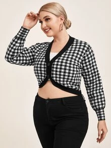 SHEIN Unity áo hở cổ kích thước lớn Nút phía trước Kẻ sọc Giải trí - Đen và trắng - Xem 5