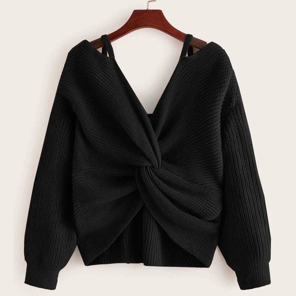 

Twist Front Drop Shoulder Sweater, Black