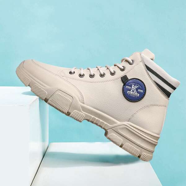 

Men Letter Patch Lace-up Front Ankle Boots, Apricot