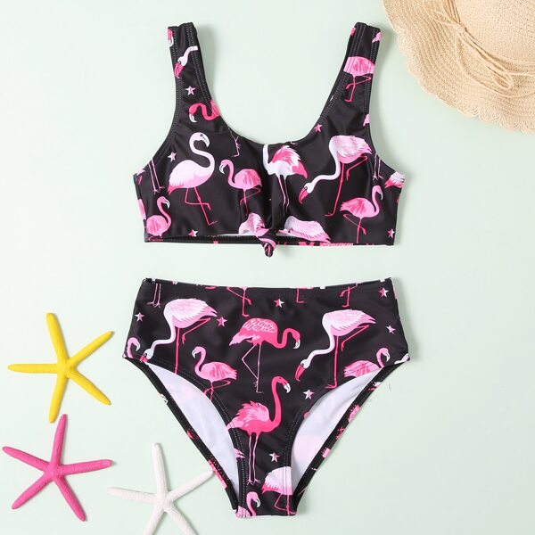 

Girls Flamingo Print Knot Hem Bikini Swimsuit, Multicolor
