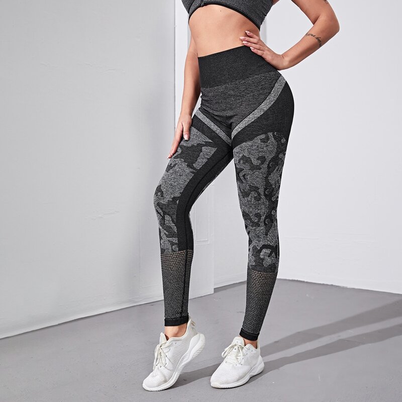 

Graphic Print Hallow Out Wide Band Waist Sports Leggings, Dark grey