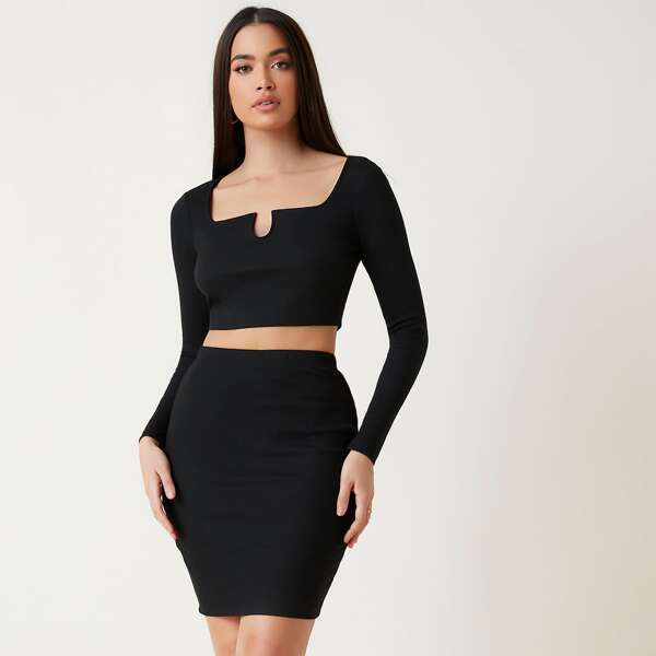 

Notched Collar Rib-knit Crop Solid Tee & Bodycon Skirt Set, Black