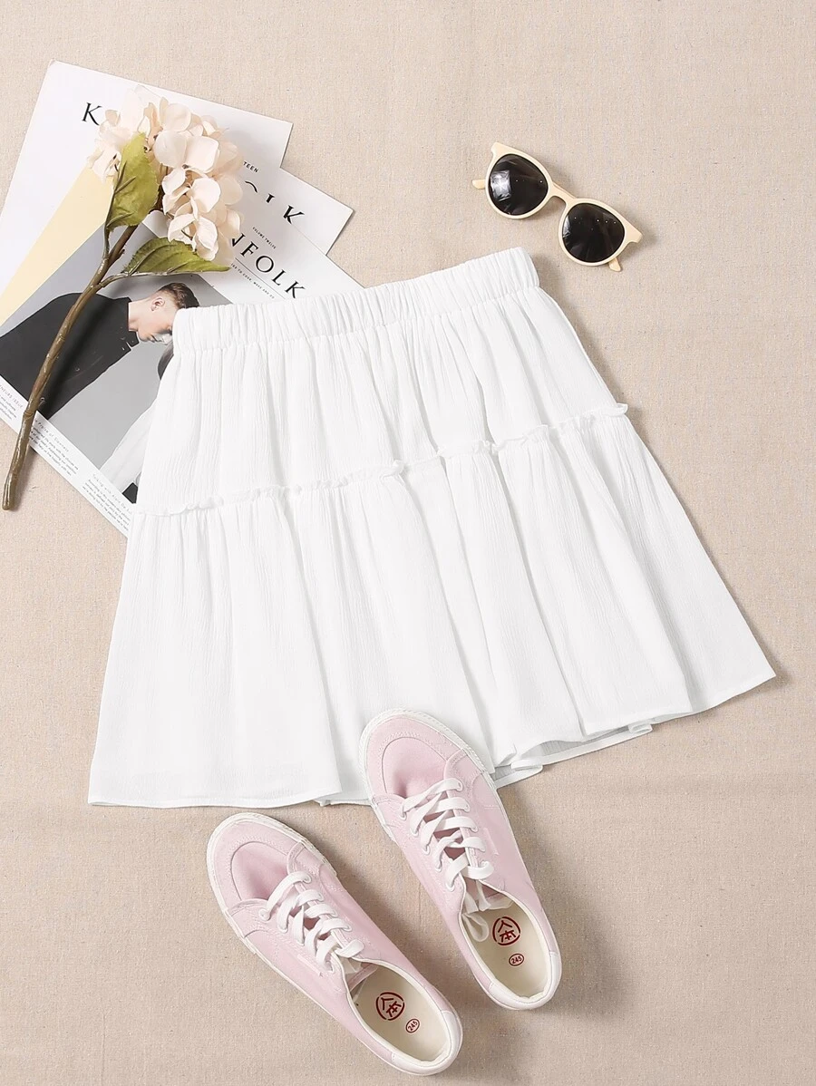Solid Frill Trim Skirt - White - View 1