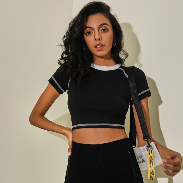 

Mock Neck Colorblock Stitch Trim Crop Tee, Black