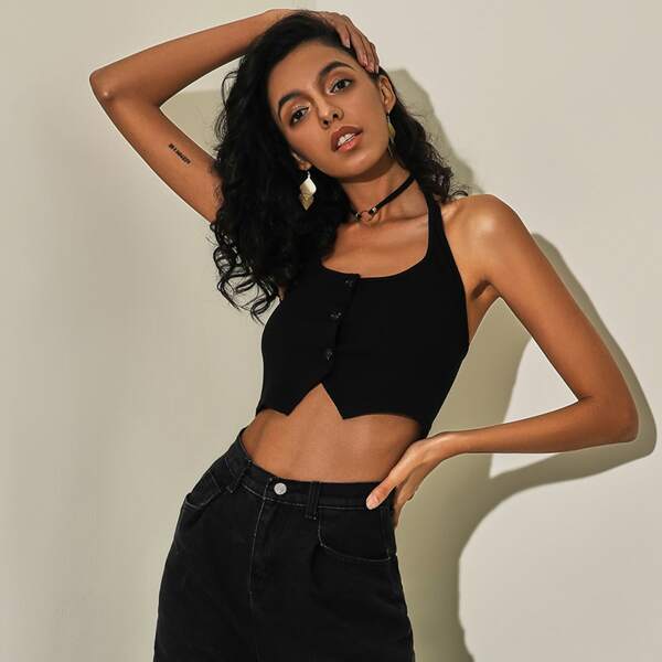 

Halterneck Button Front Notch Hem Top, Black