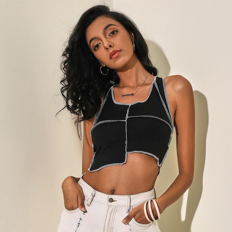 

Stitch Trim Asymmetrical Hem Tank Crop Top, Black