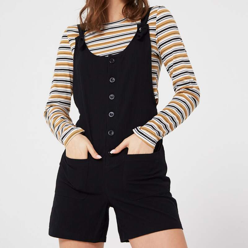 

Button Front Overall Romper, Black