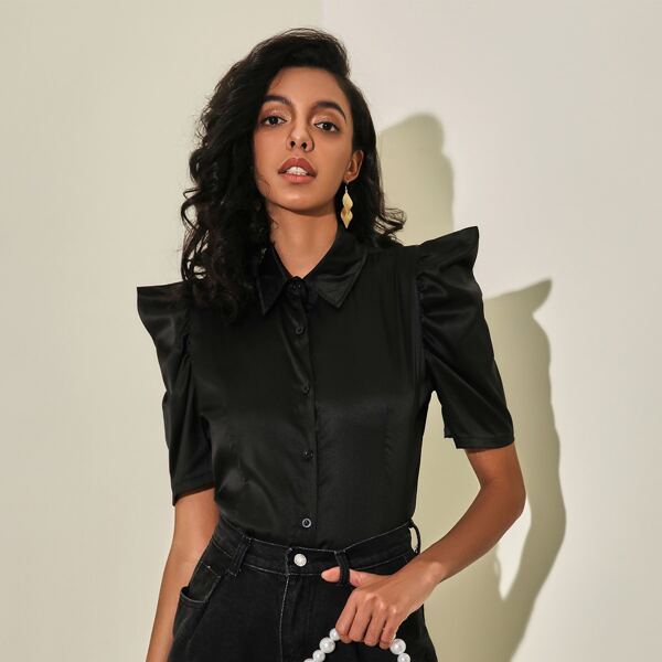 

Puff Sleeve Solid Satin Blouse, Black