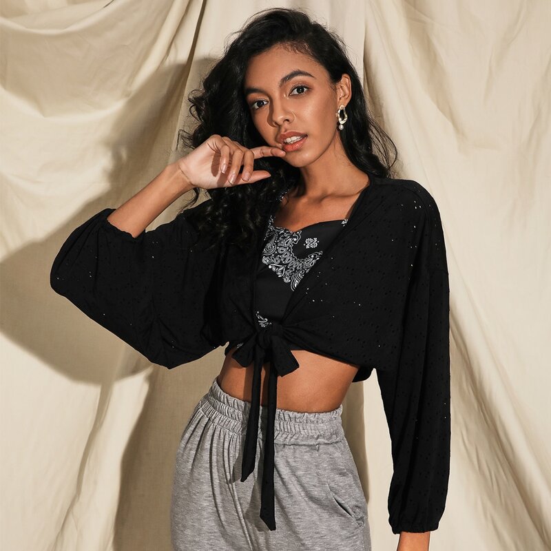 

Batwing Sleeve Tie Front Schiffy Crop Top, Black
