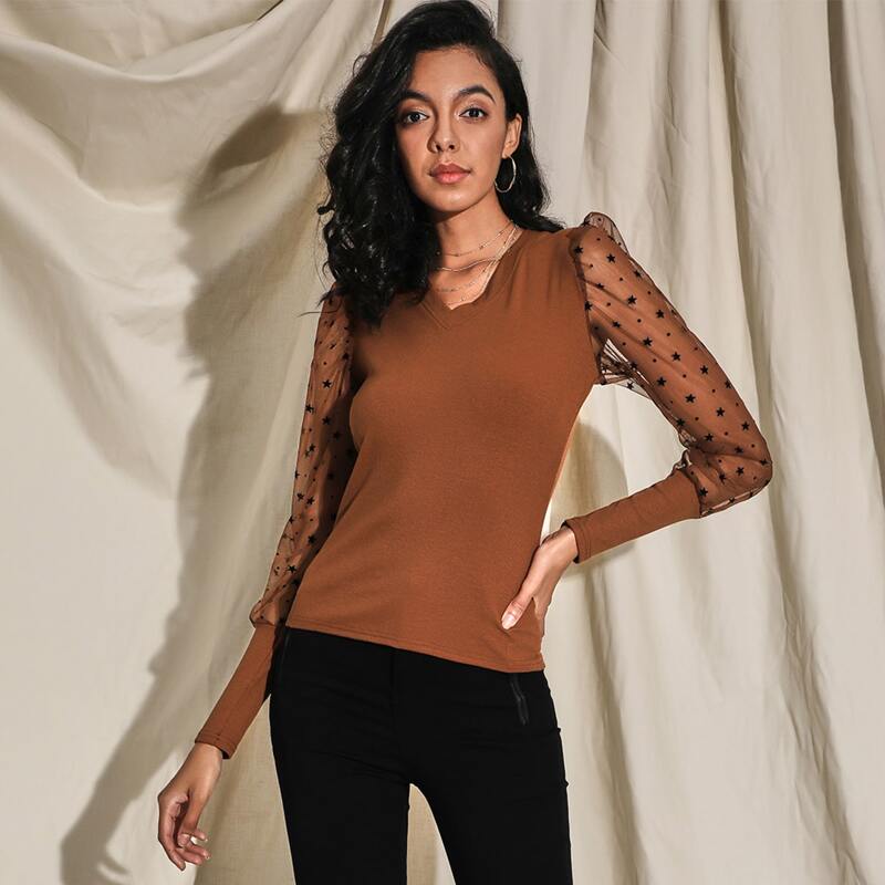 

Star & Dot Print Mesh Sleeve Rib-knit Top, Brown