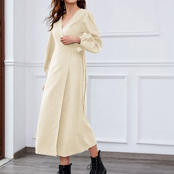 

Lantern Sleeve Surplice Wrap Knot Side Dress, Apricot