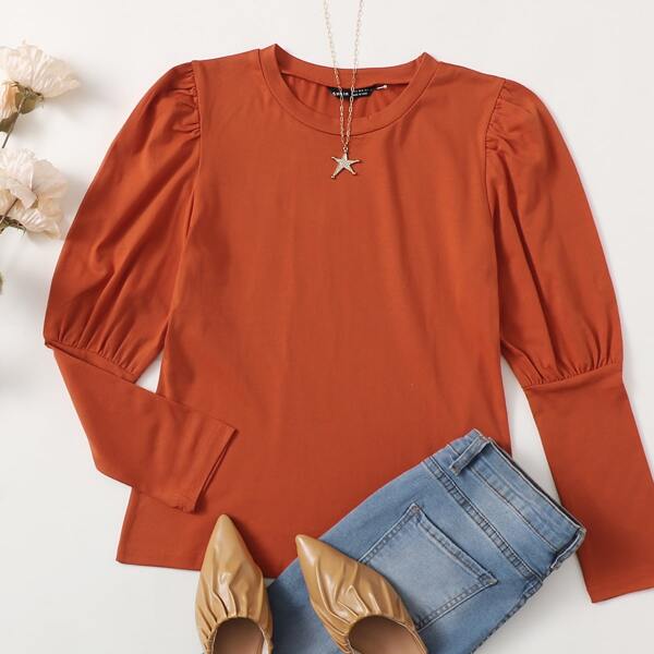 

Gigot Sleeve Solid Tee, Burnt orange