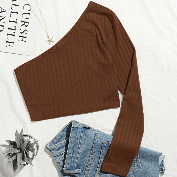 

One Shoulder Ribbed Crop Top, Coffee brown