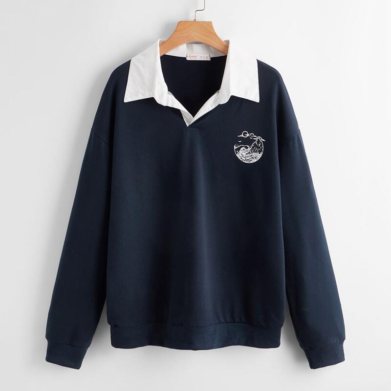 

Contrast Collar Drop Shoulder Sweatshirt, Navy blue