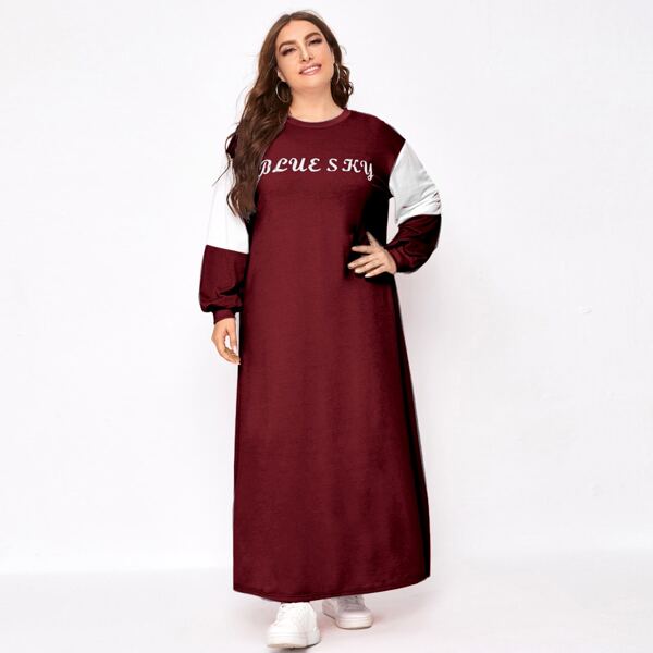 

Plus Letter Graphic Color-block Sleeve Sweatshirt Dress, Burgundy