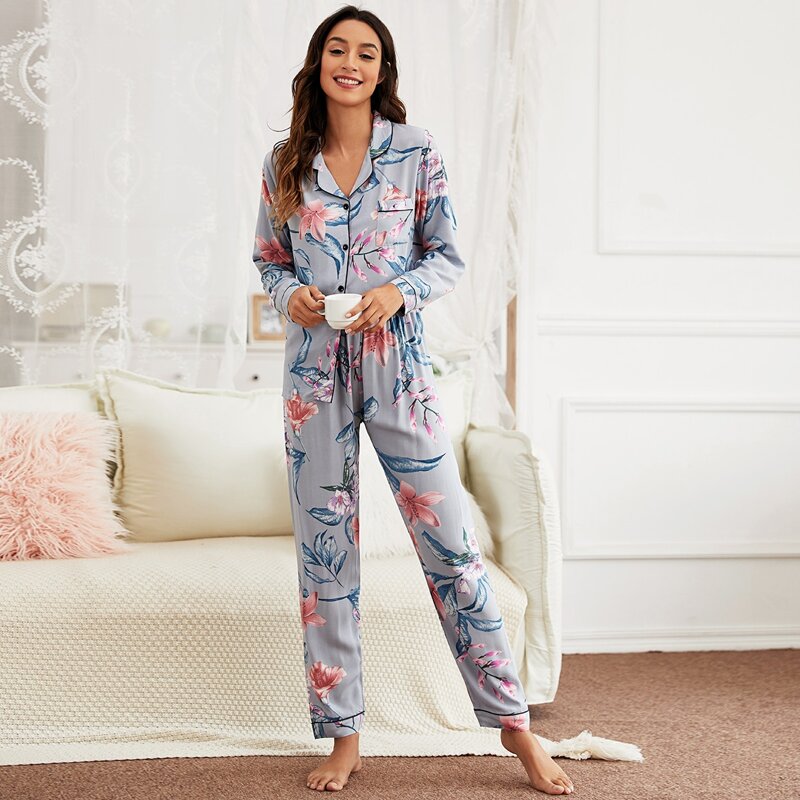 

Floral Lapel Collar Pajama Set, Dusty blue