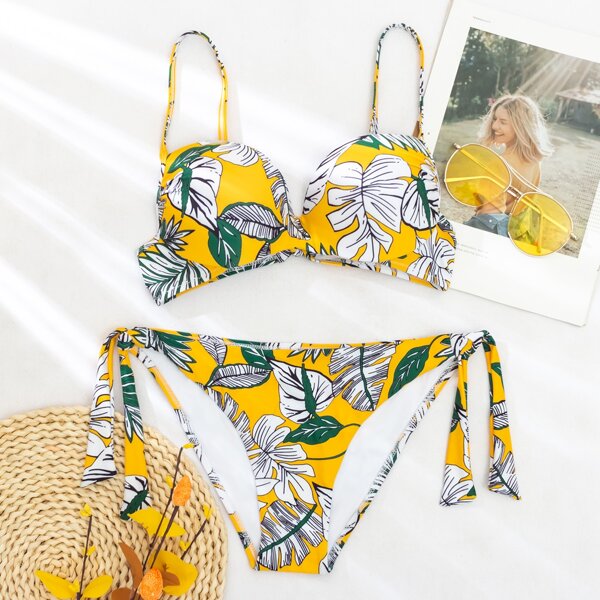 

Tropical Push Up Tie Side Bikini Swimsuit, Yellow