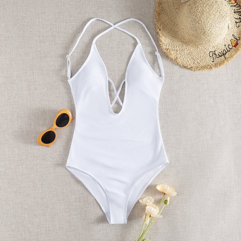

Criss Cross Plunging One Piece Swimsuit, White