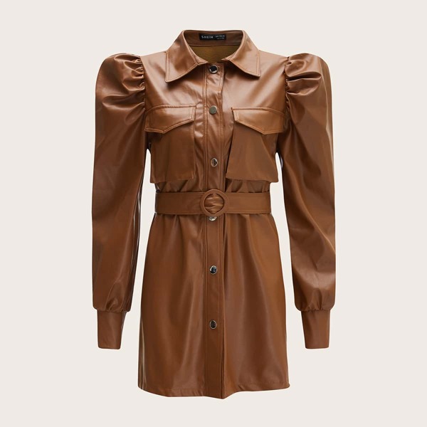 

Collared Puff Sleeve Pocket Front O-ring Belted PU Leather Coat, Brown