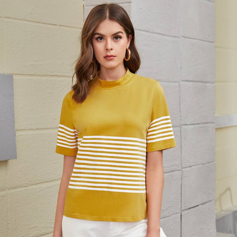 

Mock Neck Striped Tee, Yellow