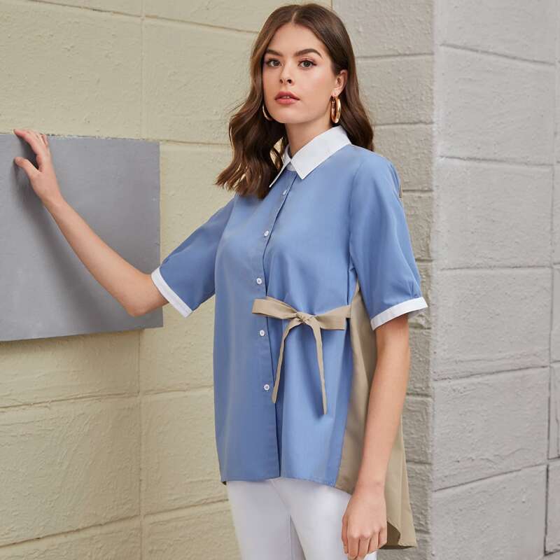 

Spliced High Low Tie Side Blouse, Multicolor