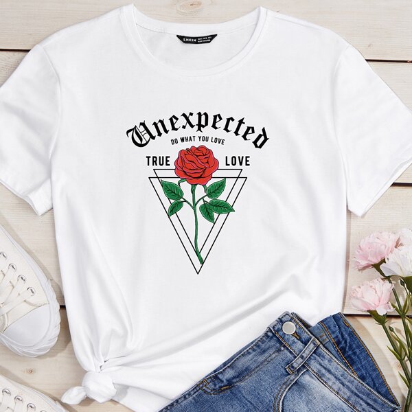 

Slogan And Floral Print Tee, White