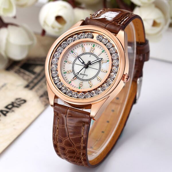 

Rhinestone Decor Dial Round Pointer Quartz Watch