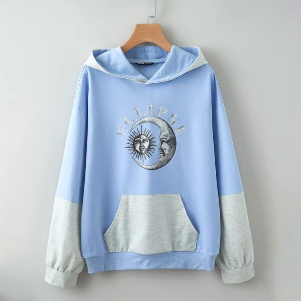 

Colorblock Moon And Sun Print Kangaroo Pocket Hoodie, Baby blue