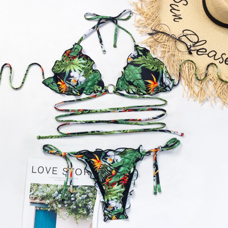 

Tropical Lettuce Trim Tie Side Bikini Swimsuit, Multicolor