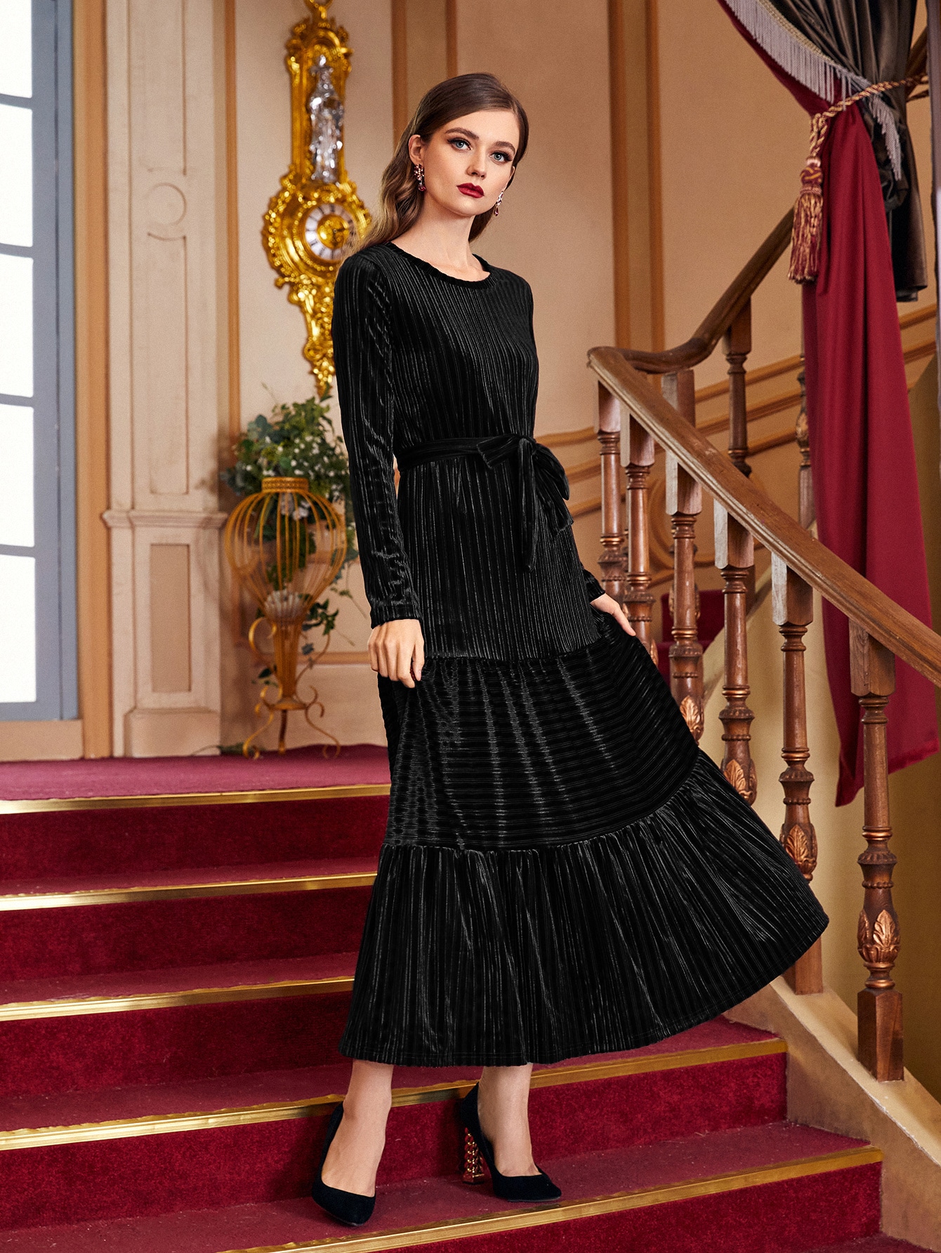 Solid Ribbed Ruffle Hem Belted Velvet Dress thumbnail