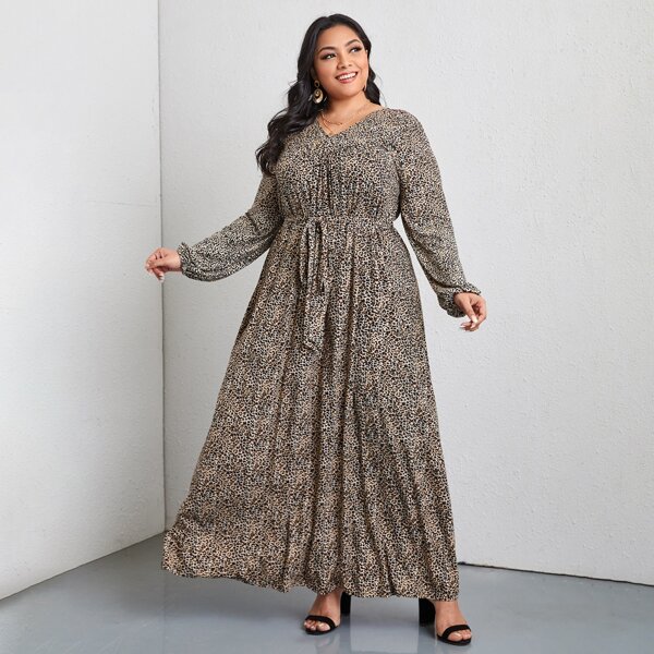 

Plus Allover Print Belted Maxi Dress, Multicolor