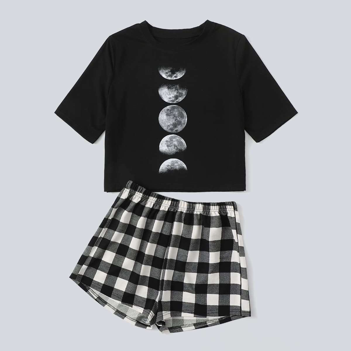 

Moon Graphic Tee & Gingham Shorts PJ Set, Black