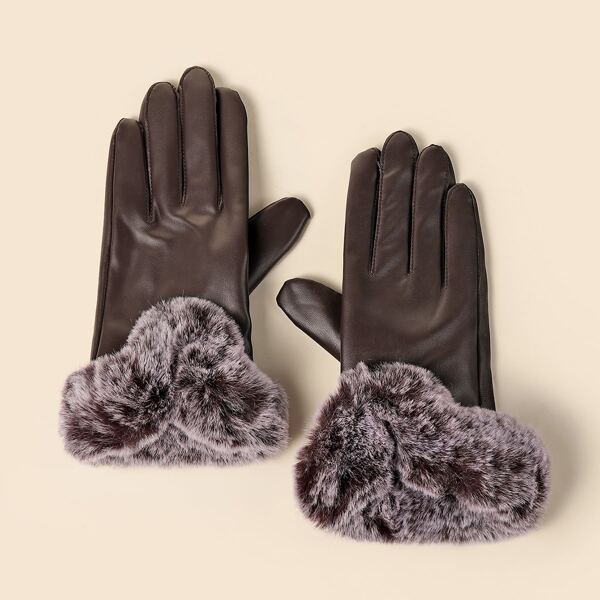 

Fuzzy Trim Gloves, Brown