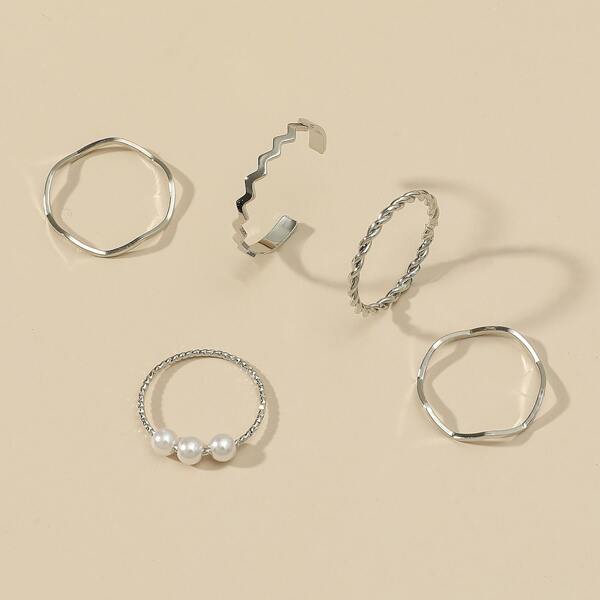 

5pcs Faux Pearl Decor Ring, Silver
