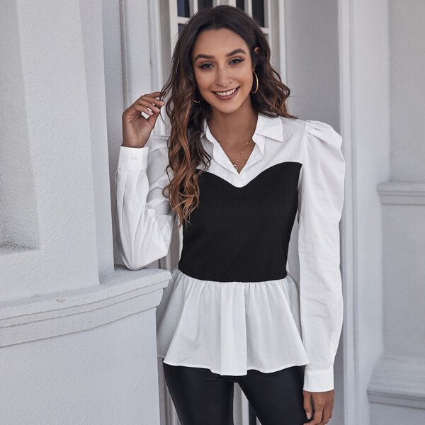 

Gigot Sleeve Colorblock Ruffle Hem Top, Black and white
