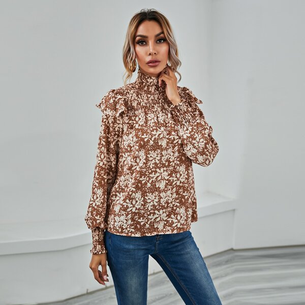 

Floral Mock Neck Shirred Top, Multicolor
