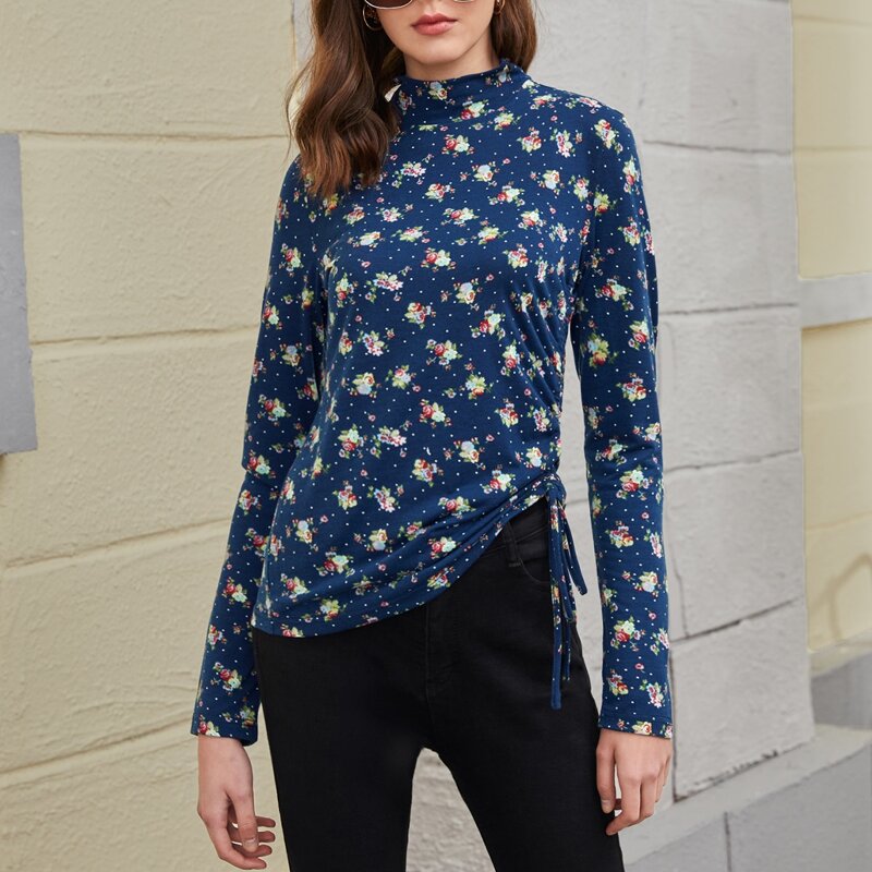 

Allover Floral Print Drawstring Side Tee, Navy blue