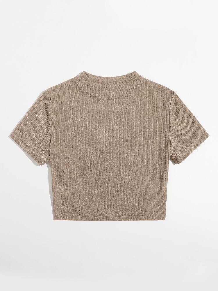 SHEIN Muchic Rib-knit Solid Tee - Khaki - View 2