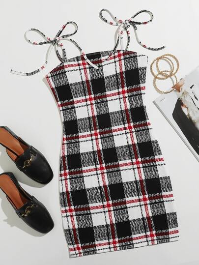 Tie Shoulder Plaid Cami Bodycon Dress