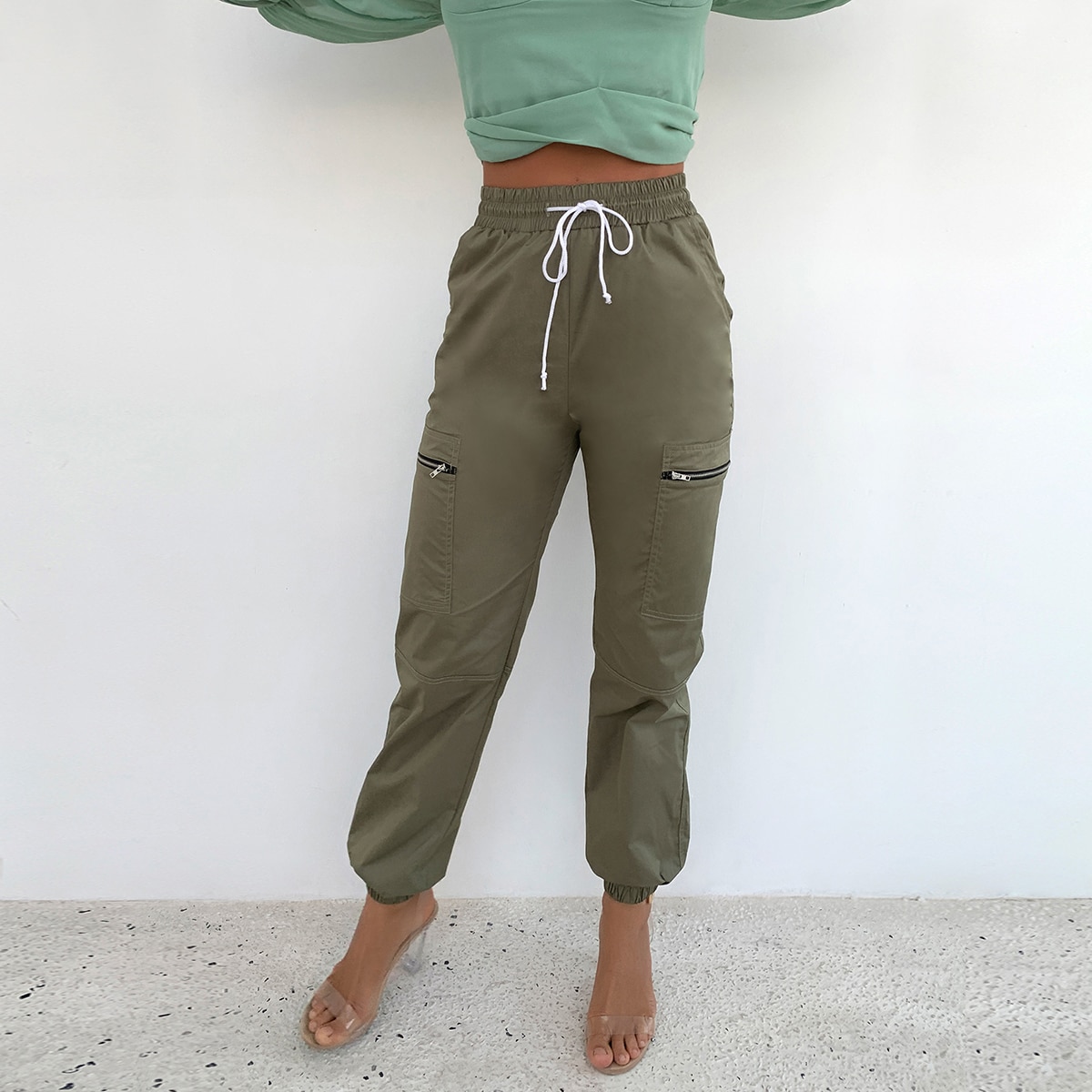 Image of Drawstring Waist Zipper Pocket Trousers