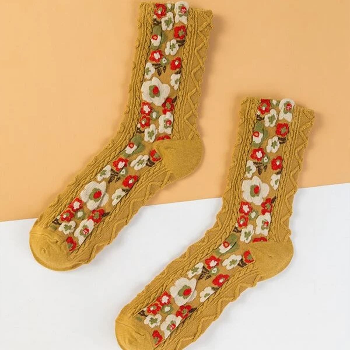 

1pair Floral Crew Socks, Yellow